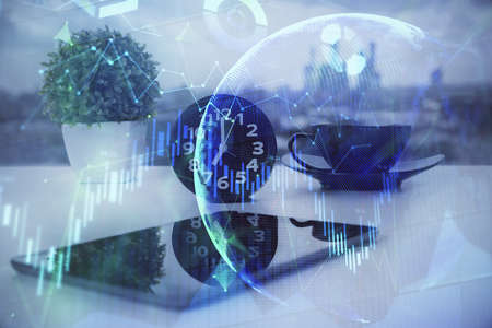 Double exposure of forex graph drawing and cell phone background. Concept of financial data analysis