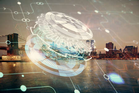 Data theme hologram drawing on city view with skyscrapers background multi exposure. Ai concept.の写真素材
