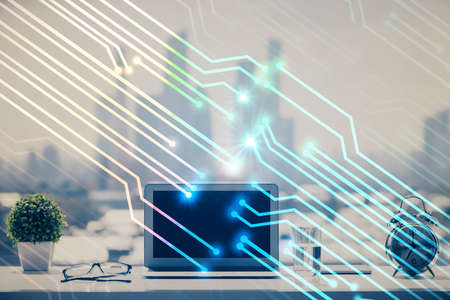 Multi exposure of table with computer on background and data theme drawing. Concept of innovation.