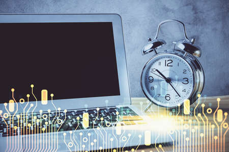 Double exposure of desktop with computer on background and tech theme drawing. Concept of big data.