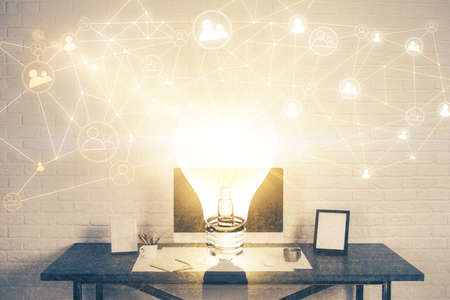 Computer on desktop with social network hologram. Multi exposure. Concept of international people...