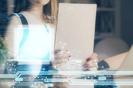 Multi exposure of womans writing hand on background with data technology hud. Big data concept.