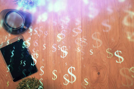 Multi exposure of financial chart hologram over desktop with phone. Top view. Mobile trade platform concept.の写真素材
