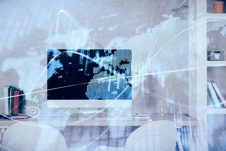Multi exposure of stock market chart drawing and office interior background. Concept of financial...