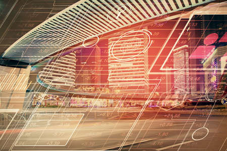 Data theme hologram drawing on city view with skyscrapers background double exposure. Ai concept.
