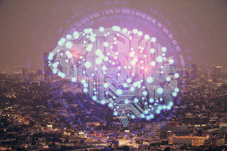 Brain hologram drawing on city scape background Double exposure. Brainstorming concept.