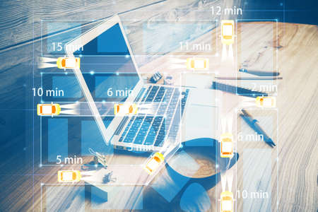 Desktop computer background in office with automobile hologram drawing. Multi exposure. Tech...
