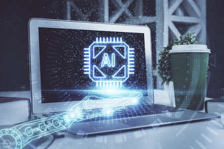 Multi exposure of desktop with personal computer and tech theme drawing. Concept of Bigdata.の写真素材