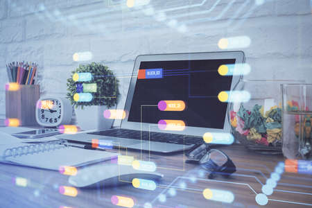 Multi exposure of desktop with personal computer and tech theme drawing. Concept of Bigdata.