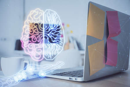 Double exposure of work space with computer and human brain drawing hologram. Brainstorm concept.の写真素材