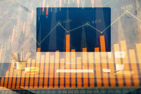 Multi exposure of forex chart and work space with computer. Concept of international online trading.の写真素材
