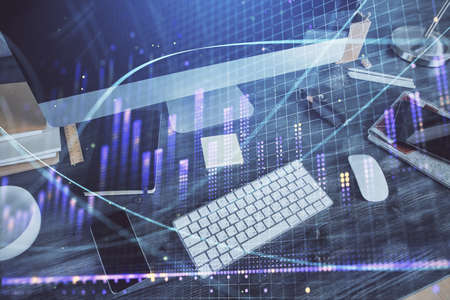 Multi exposure of forex graph and work space with computer. Concept of international online trading.