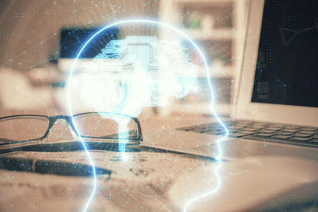 Brain drawings with glasses on the table background. Double exposure.