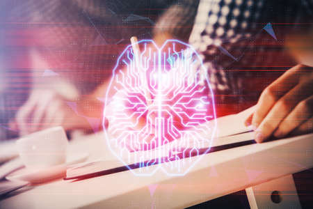 Mans hands with atificial intelligence double exposure icon. Concept of computer learning.の写真素材