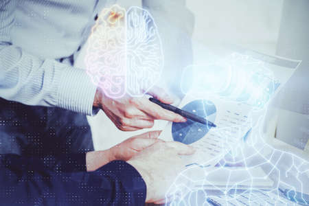 Abstract man wearing augmented reality headsets computer science work. AR concept. Double exposure.の写真素材