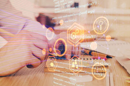 Humans hands with technology theme double exposure icons. Concept of big data.の写真素材