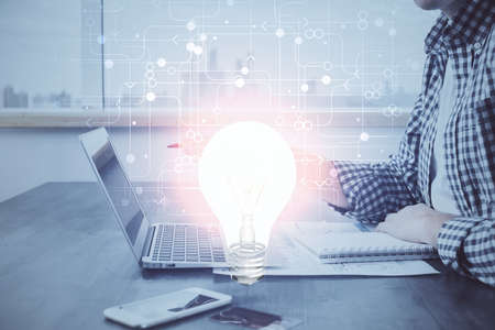 Growing arrows with businessman working on computer on background. Success concept. Double exposure.