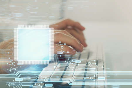 Multi exposure of tech drawings with man working on computer background. Concept of innovation.
