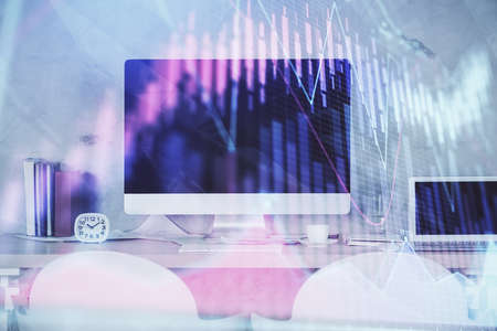 Multi exposure of stock market chart drawing and office interior background. Concept of financial analysis.の写真素材