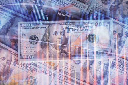 Multi exposure of forex chart drawing over us dollars bill background. Concept of financial success markets.の写真素材