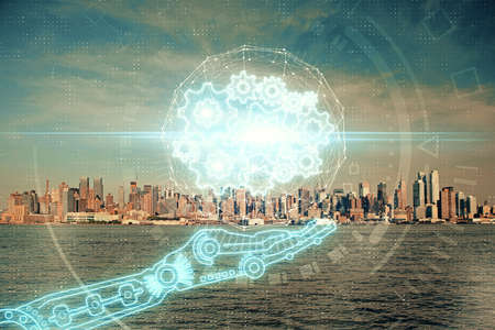 Data theme hologram drawing on city view with skyscrapers background double exposure. Technology...
