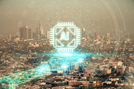 Data theme hologram drawing on city view with skyscrapers background double exposure. Technology...