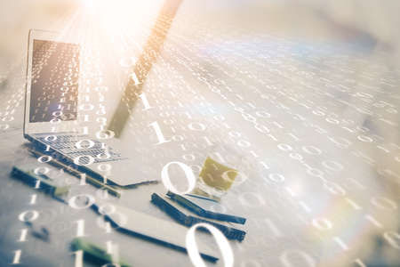 Double exposure of table with computer on background and data theme drawing. Concept of innovation.