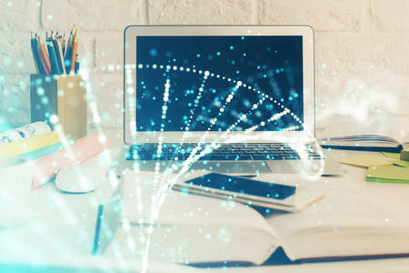 Desktop computer background and DNA drawing. Double exposure. Science concept.