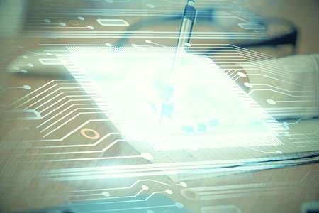 Multi exposure of womans writing hand on background with data technology hud. Concept of innovation.