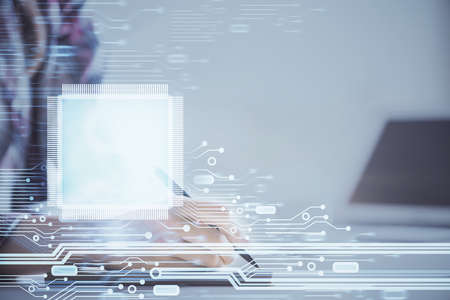 Double exposure of womans writing hand on background with data technology hud. Big data concept.