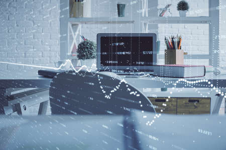 Double exposure of financial graph drawing and office interior background. Concept of stock market.