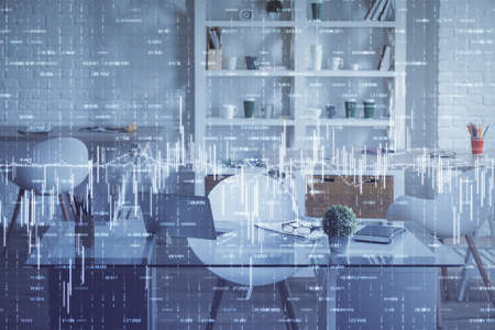 Double exposure of financial graph drawing and office interior background. Concept of stock market.の写真素材