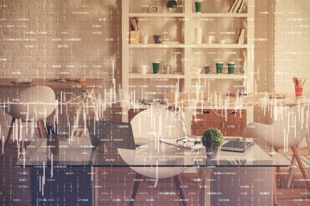 Double exposure of financial graph drawing and office interior background. Concept of stock market.の写真素材