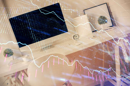 Double exposure of financial graph drawing and office interior background. Concept of stock market.