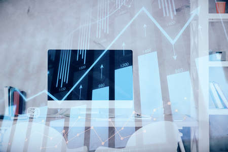 Multi exposure of stock market chart drawing and office interior background. Concept of financial analysis.の写真素材