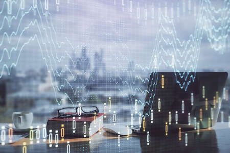 Double exposure of financial chart drawings and desk with open notebook background. Concept of forex...