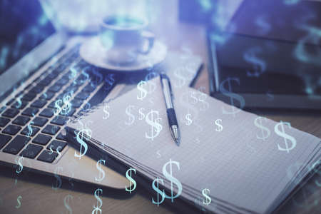 Double exposure of forex chart drawing and desktop with coffee and items on table background. Concept of financial market tradingの写真素材