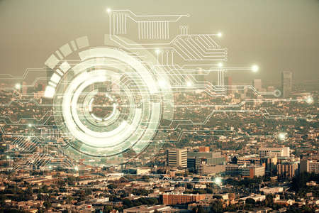 Data theme hologram drawing on city view with skyscrapers background double exposure. Technology...