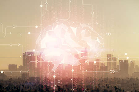 Brain hologram drawing on cityscape background multi exposure. Ai in modern city concept.