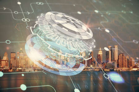 Data theme hologram drawing on city view with skyscrapers background double exposure. Ai concept.の写真素材