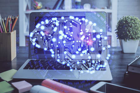 Double exposure of desktop computer and human brain drawing hologram. Ai concept.