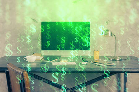 Double exposure of chart and financial info and work space with computer background. Concept of international online trading.の写真素材