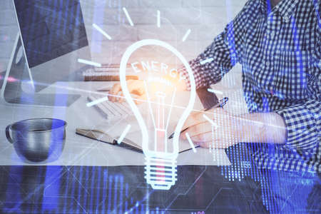 Growing arrows with businessman working on computer on background. Success concept. Double exposure.