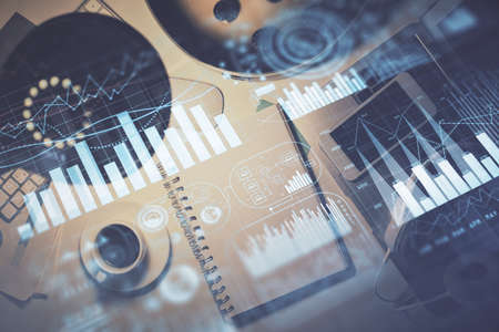 Multi exposure of forex chart drawing and work table top veiw. Concept of financial analysis.の写真素材