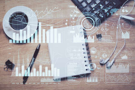 Multi exposure of forex chart drawing and work table top veiw. Concept of financial analysis.の写真素材