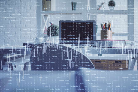 Double exposure of financial graph drawing and office interior background. Concept of stock market.