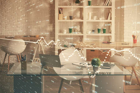 Double exposure of financial graph drawing and office interior background. Concept of stock market.の写真素材