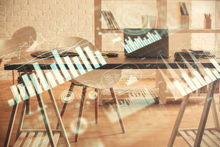 Multi exposure of stock market chart drawing and office interior background. Concept of financial...