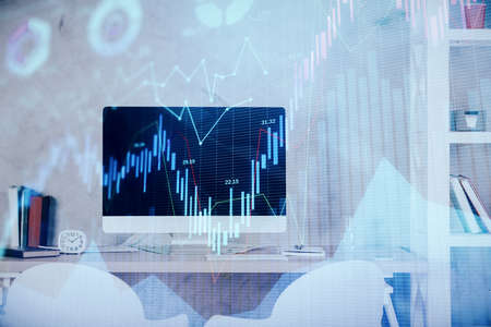 Multi exposure of stock market chart drawing and office interior background. Concept of financial...