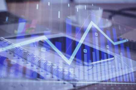 Double exposure of forex chart drawing and cell phone background. Concept of financial data analysis